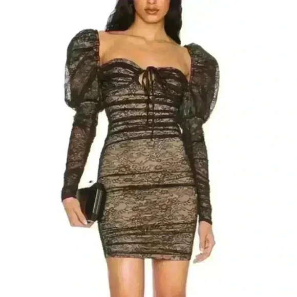 MAJORELLE MARIJA x Revolve Oversized Puff Sleeve Lace Mini Dress Black Nude XS - Picture 2 of 16